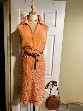 Vintage Y2K Express World Brand‎ Ditsy Floral Chiffon Ruffle Coral Aline Skirt M